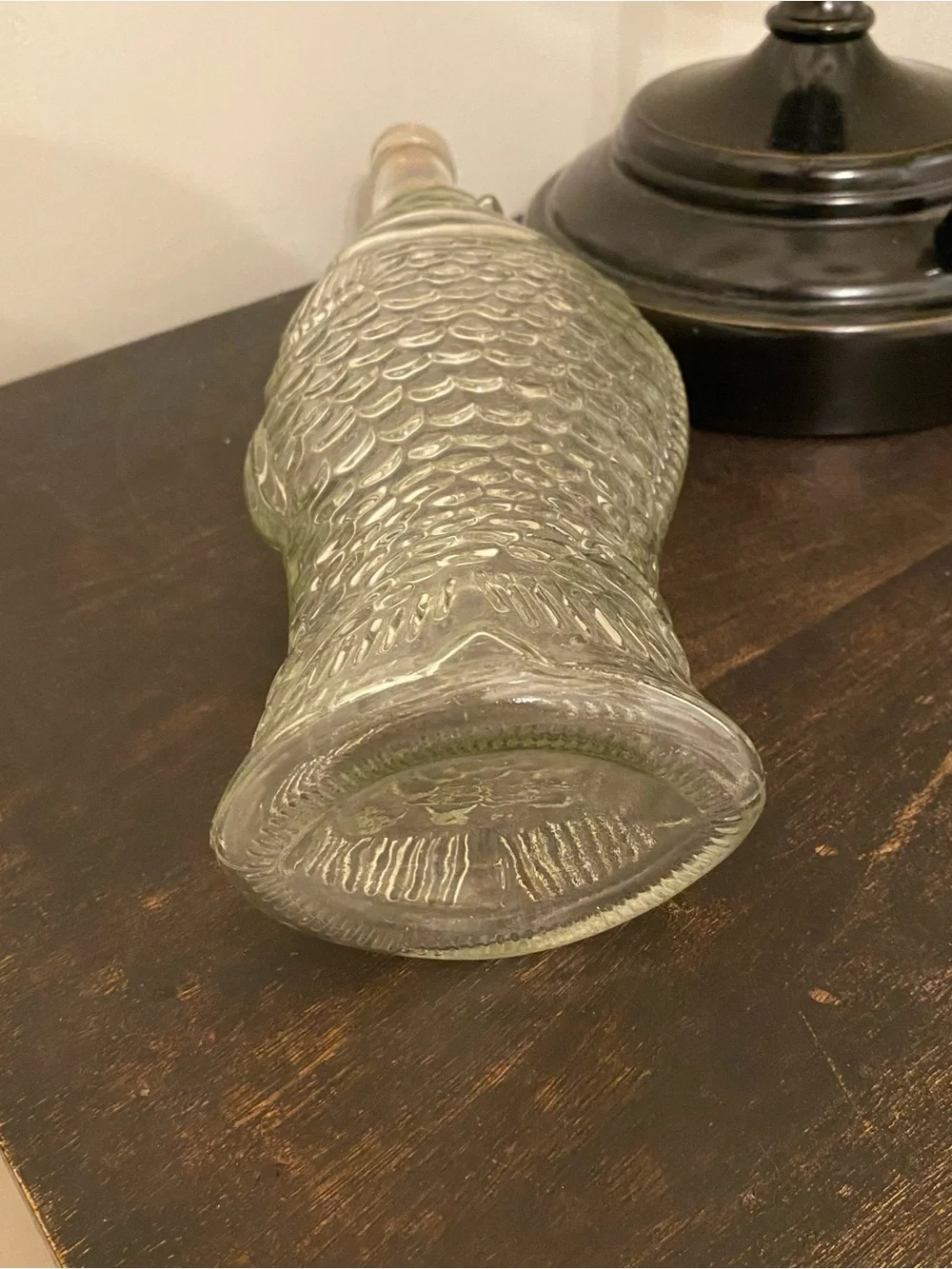 Vintage Fish Shaped Glass Wine Bottle Embossed Decanter Nautical Aquamarine 12”